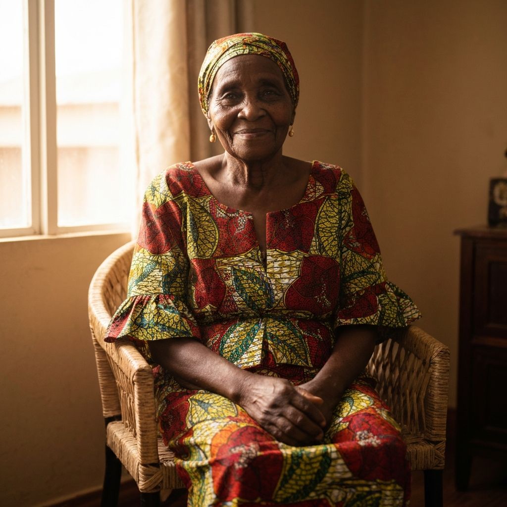Elderly Nigerian woman using Famva health app at home
